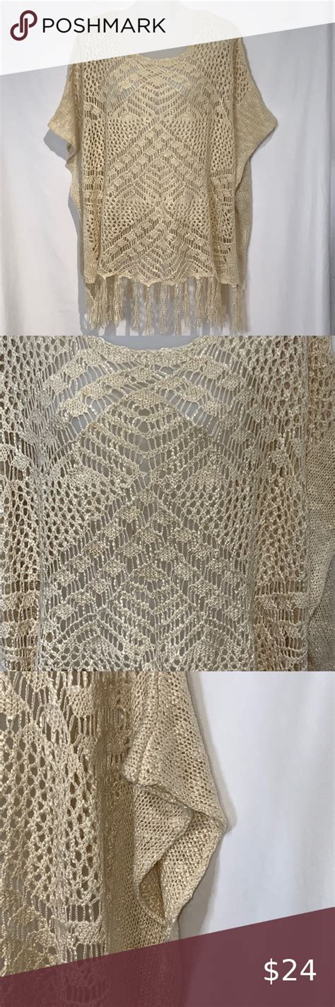 Cecico Ivory Sheer Crochet Fringe Bohemian Poncho Sweaters For Women
