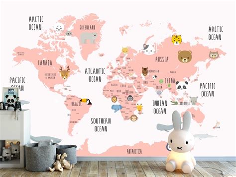 Pink For Girls Kids World Map Cartoon With Cute Animals Etsy