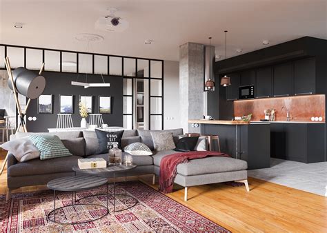 minimalist studio apartment design applied   gray  wooden decor