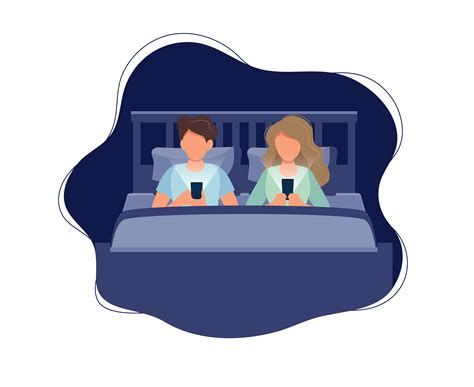 Couple Laying In Bed With Phones At Night Vector Illustration In Flat Cartoon Style 518185