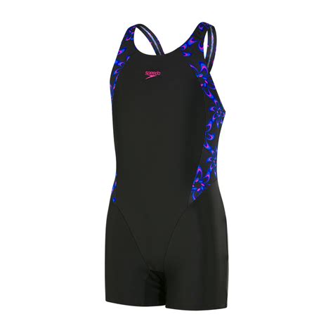 Speedo Printed Panel Splashback Girls Legsuit Blackelectric Pink Run