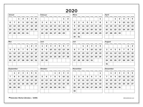 Gör en gratis kalender, klar för utskrift. Årskalender 2020 - 34MS - Michel Zbinden NO