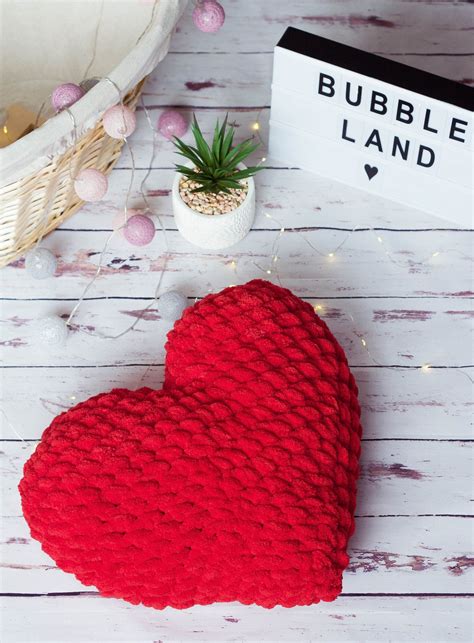 Heart Shaped Pillow, Knitted Pillow, Plush Pillow, Red Knitted Pillow, Alize Puffy Pillow, St ...