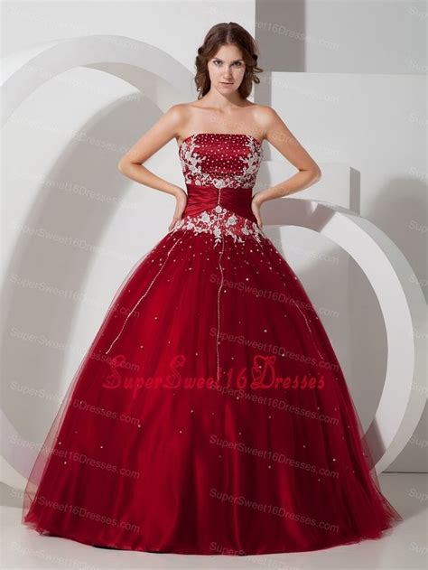 Impression Wine Red Sweet 16 Dress Strapless Satin And Tulle Appliques