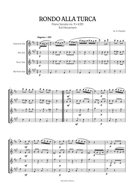 Rondo Alla Turca Turkish March Sax Quartet Sheet Music Arr Benzaiten Editions Sheet Music