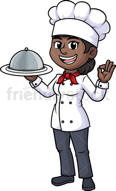 Noir Femme Chef Tenant Plateau De Service Cartoon Clipart Vector