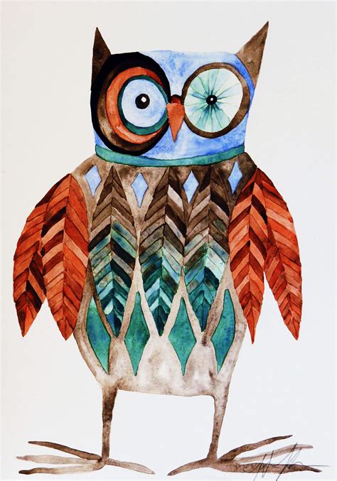 Quirky Owl Art Original Watercolor Painting Burnt Orange And Etsy