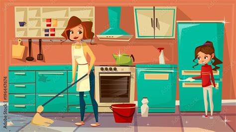 Vector Cartoon Mother Daughter Girl Helps Cleaning Kitchen Together Doing Household Chores