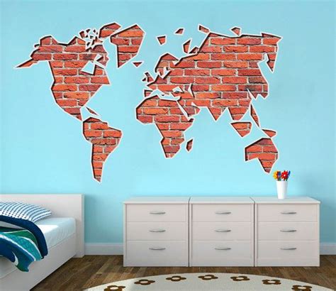 A Bedroom With Blue Walls And A Brick World Map Decal On The Wall