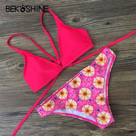 bekoshine swimsuit 2018 women sexy bikini set solid print swimwear prink flower bikini low waist