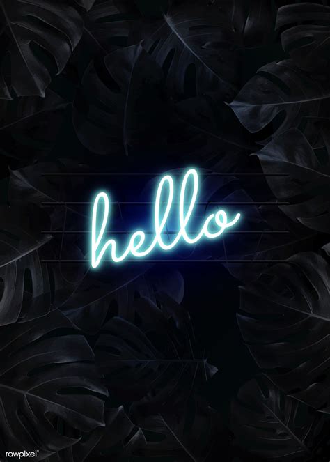 Blue Hello Neon Word On A Dark Tropical Leaves Background Vector