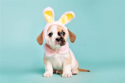 Cute Dog Puppy With Easter Bunny Ears On Blue Background Generative Ai