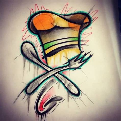 Beautiful Chef Hat With Crossed Spoon And Fork Watercolor Tattoo Chef
