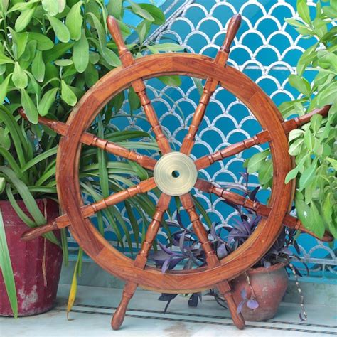Wooden Ship Wheel With Brass Hub Pirates Nautical Wall Etsy