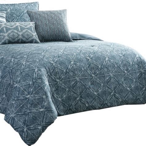 7 Piece King Size Cotton Comforter Set With Geometric Print Blue 1