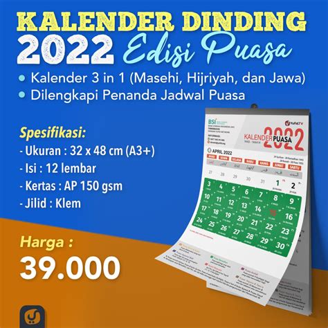 Kalender Dinding Masehi Hijriyah Jawa Edisi Puasa Yufid 2022 Toko