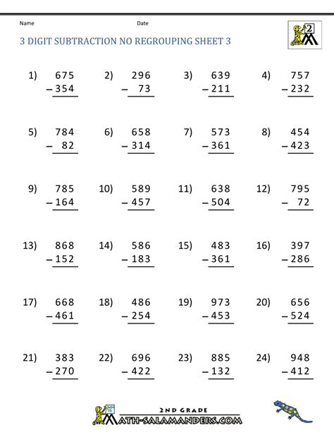 Subtracting 3 Digit Numbers Without Regrouping Worksheets