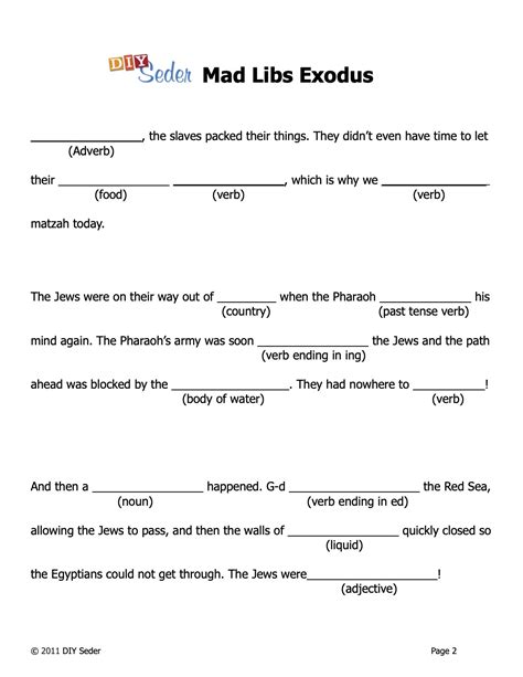 Mad Lib Exodus Page 2 Of 2 Passover Haggadah By Formerly Diy Seder