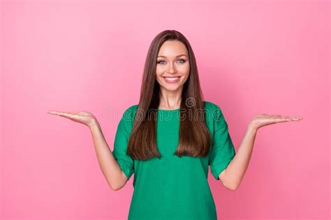 Photo Of Cheerful Nice Girl Hands Palms Hold Empty Space Scales