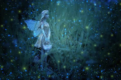 Image Of Magical Little Fairy In The Night Forest Stock Image Image