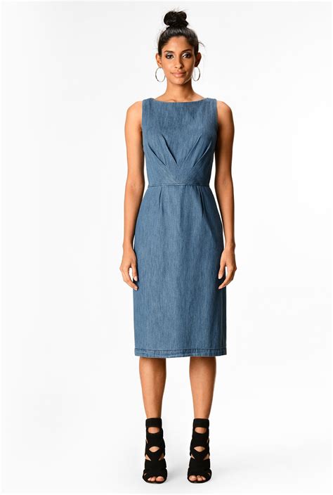 Shop Pleat Front Cotton Denim Sheath Dress Eshakti