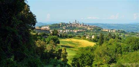 famous medieval san gimignano hill town with its skyline of medieval towers including the stone