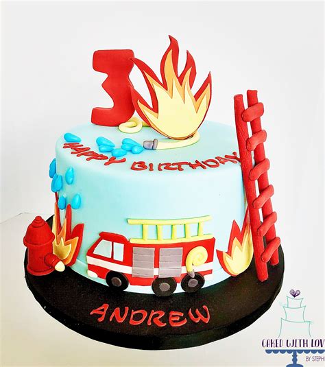 A Fire Truck Themed Cake With A Fondant Fire Hydrant Hose And Ladder