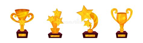 Golden Trophy Cups And Award Of Different Shape Vector Set Stock Vector