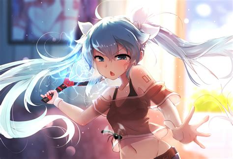 Anime Twintails Blue Hair Hatsune Miku Blush Open Mouth Looking At Viewer Blue Eyes