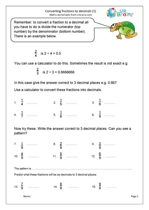 Converting Fractions To Decimals Fraction And Decimal Worksheets For