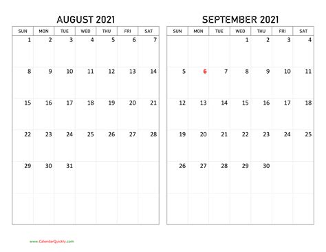 August And September 2021 Calendar Calendar Quickly