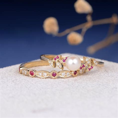 Pearl Ruby And Diamond Bridal Ring Set Bridgerton Daphnes Wedding