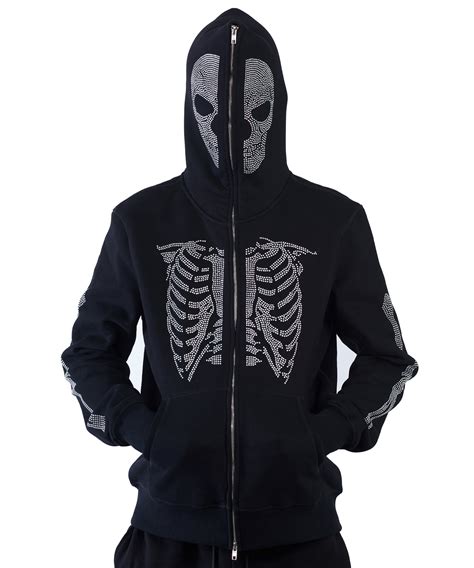 Skeleton Rhinestone Full Zip Hoodie Black Prolific