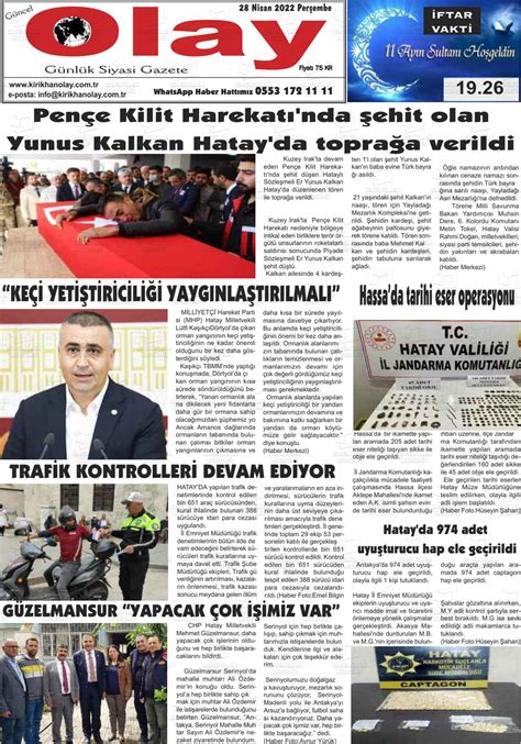 28 Nisan 2022 tarihli Kırıkhan Olay Gazete Manşetleri