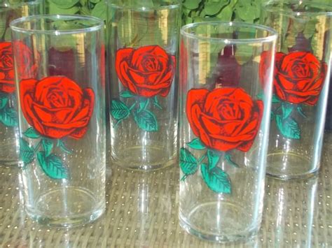 Fabulous Vintage Red Rose Decal Drinking Glasses Set Of Six