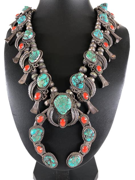 Lot Old Pawn Sterling Turquoise Coral Squash Blossom Necklace