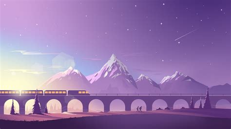 Desktop Wallpaper Train Bridge Mountains Minimalistic Digital Art