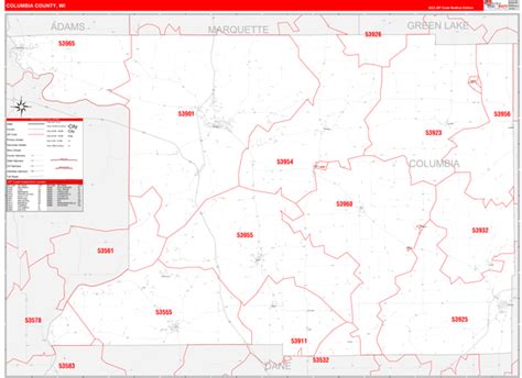 Columbia County Wi Zip Code Wall Map Red Line Style By Marketmaps