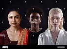 Caucasian woman, african american woman and indian women portrait on ...