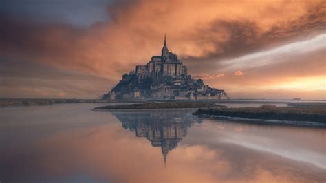 1366x768 Mont Saint Michel Hd Reflection 1366x768 Resolution Wallpaper