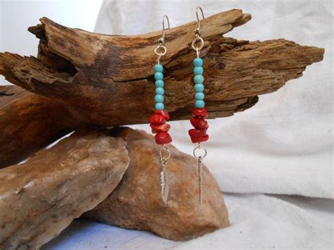 Gemstone Earrings Turquoise And Red Coral Silver Feather Dangle