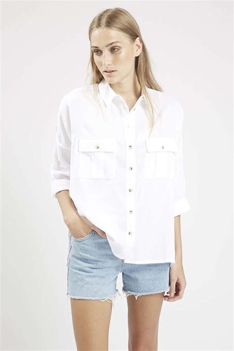 Lyst Topshop Petite Oversized Chambray Shirt In White