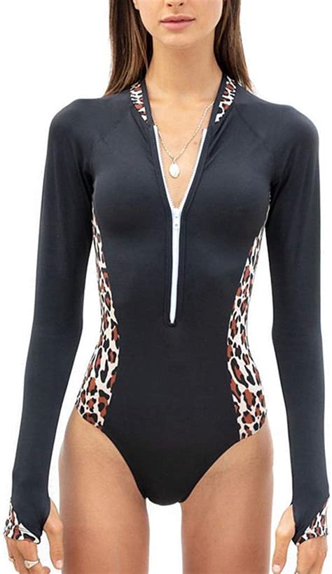 Corafritz Womens One Piece Leopard Print Swimsuit Long Sleeve Front