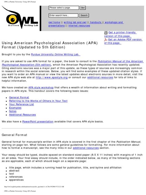 The equivalent resource for the older apa 6 style looking for apa sample paper purdue owl kinesiology libguides at? OWL at Purdue University Using APA Format | Citation | Apa ...