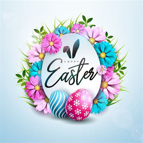 Happy Easter Holiday Design With Painted And Spring Flower On Clean