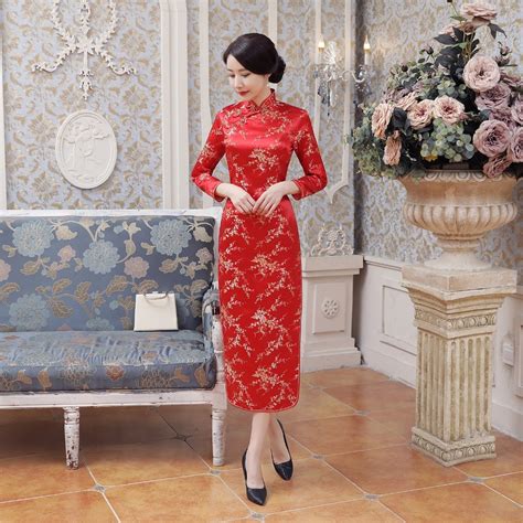 Shanghai Story Chinese Traditional Clothing Chinese Style Dresses Long Cheongsam Long Sleeve Red