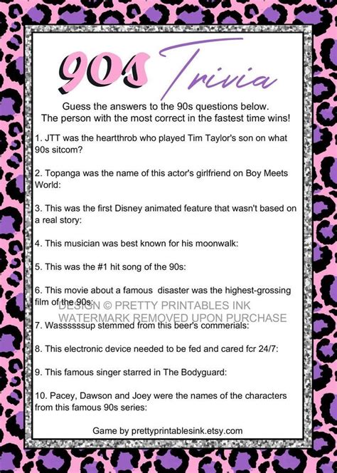 90s Trivia Game Printable Girls Night In Game Virtual Etsy Canada