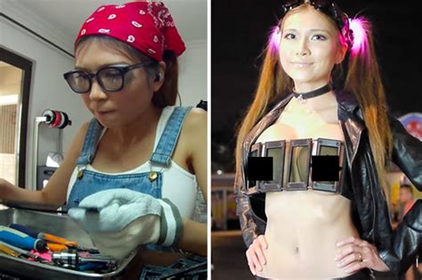 Sexy Cyborg Girl Struggles To Cover Boobs In Tiny See Through Bra