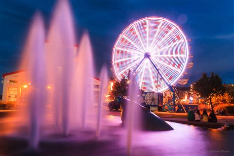 Wallpaper City Night Long Exposure Ferris Wheel Fountain Light