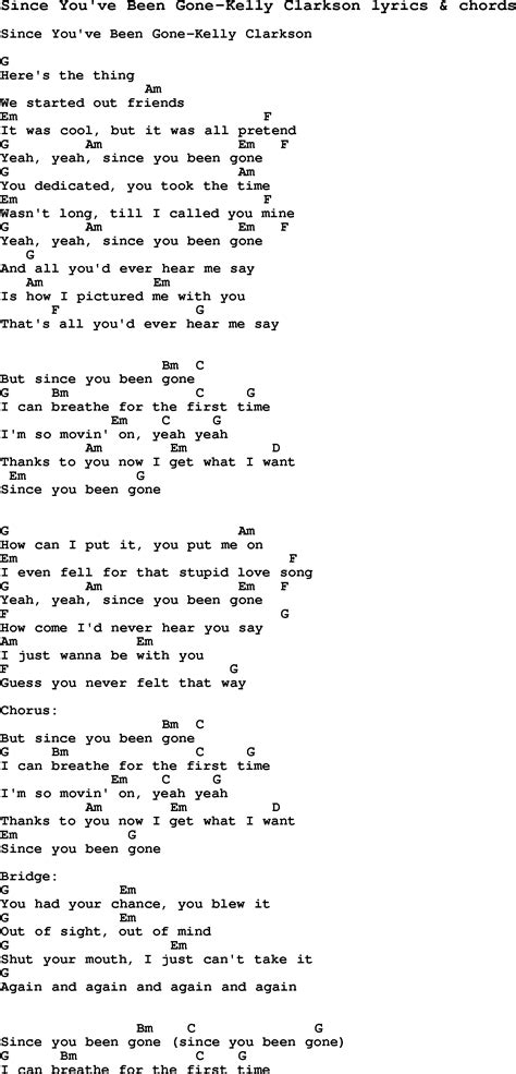 love song lyrics for since you ve been gone kelly clarkson with chords